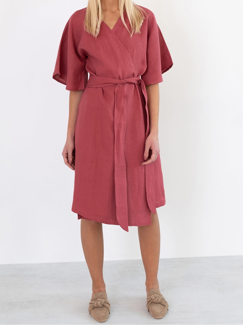 Love and Confuse MARY Linen Wrap Dress Short Sleeve Belted Resortwear Small